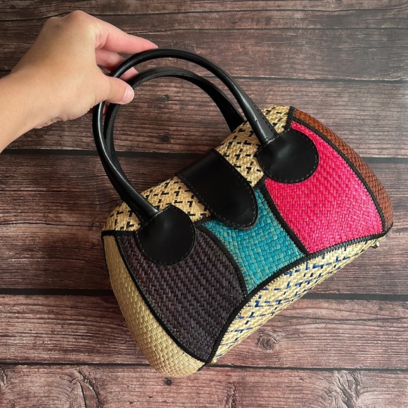 VINTAGE | Straw woven colour block structured handbag - Picture 2 of 9